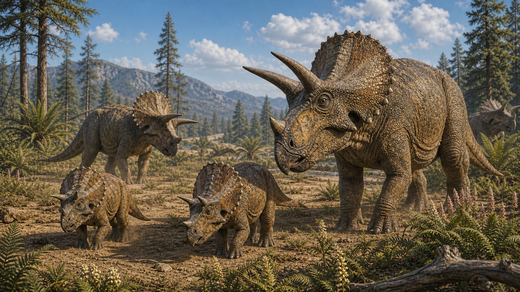 Ceratopsian dinosaurs standing in a Cretaceous woodland habitat