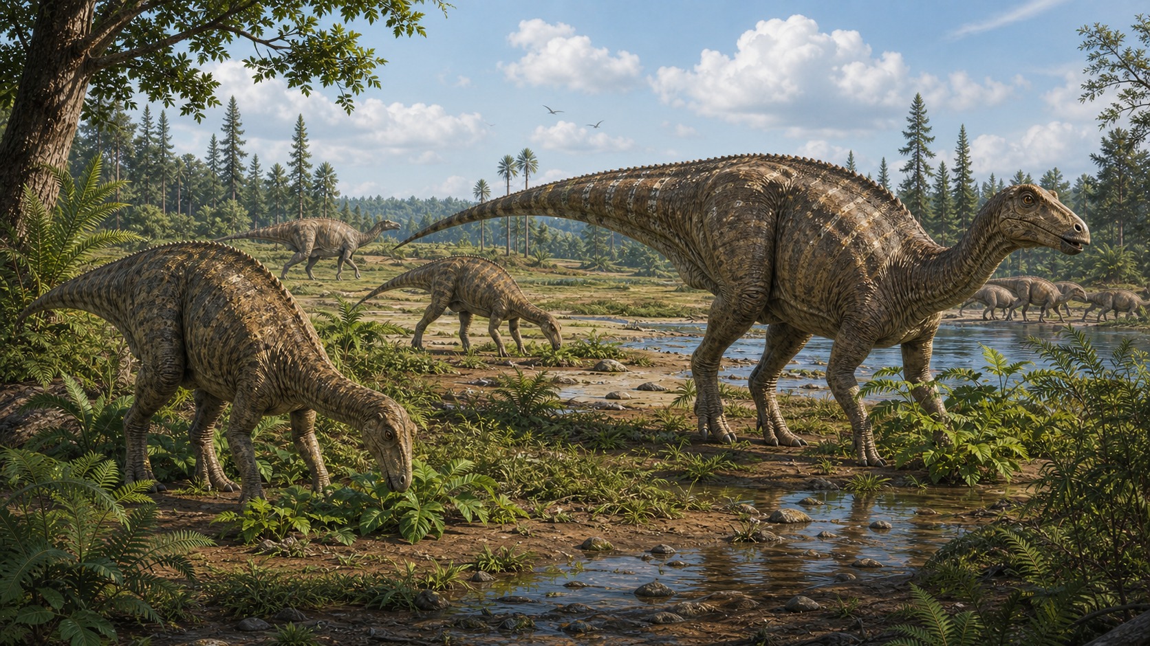 Ornithopod dinosaurs moving through a lush Cretaceous floodplain