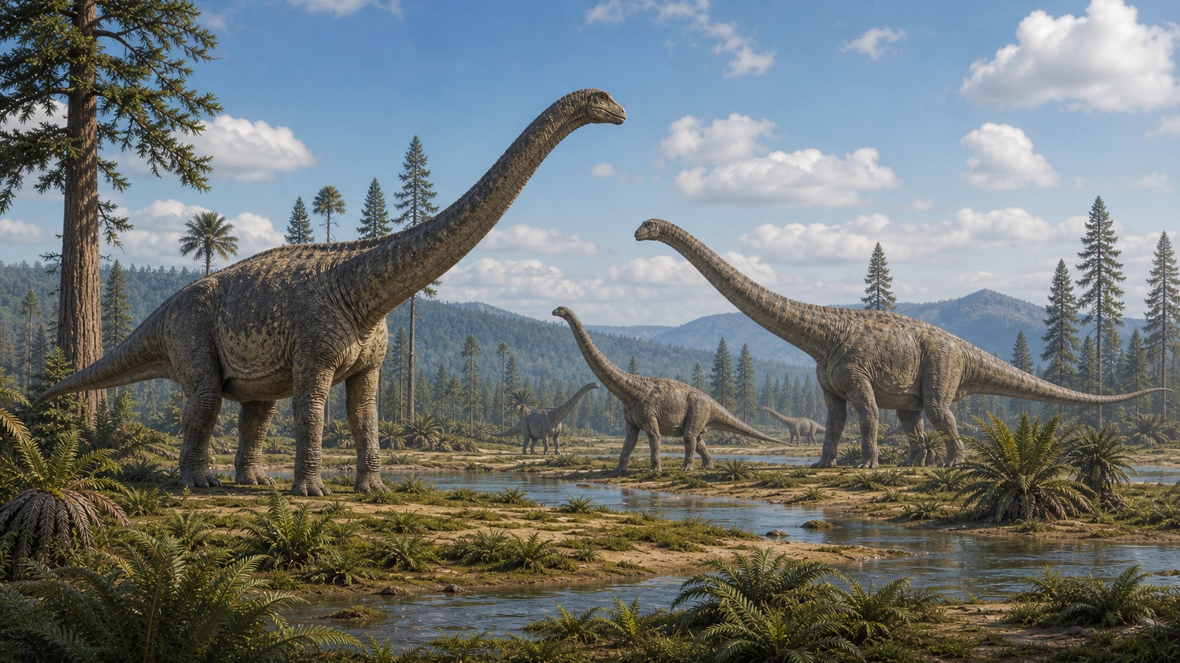 Sauropod dinosaurs walking through a prehistoric floodplain