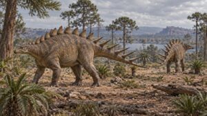 Two Kentrosaurus showing plates and rear body spikes in a Late Jurassic East African woodland