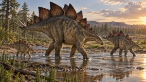 Adult, subadult, and juvenile Stegosaurus crossing a shallow Late Jurassic stream