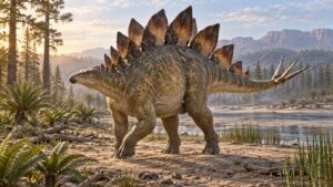 Stegosaurus walking across a Late Jurassic floodplain with its back plates and tail spikes visible